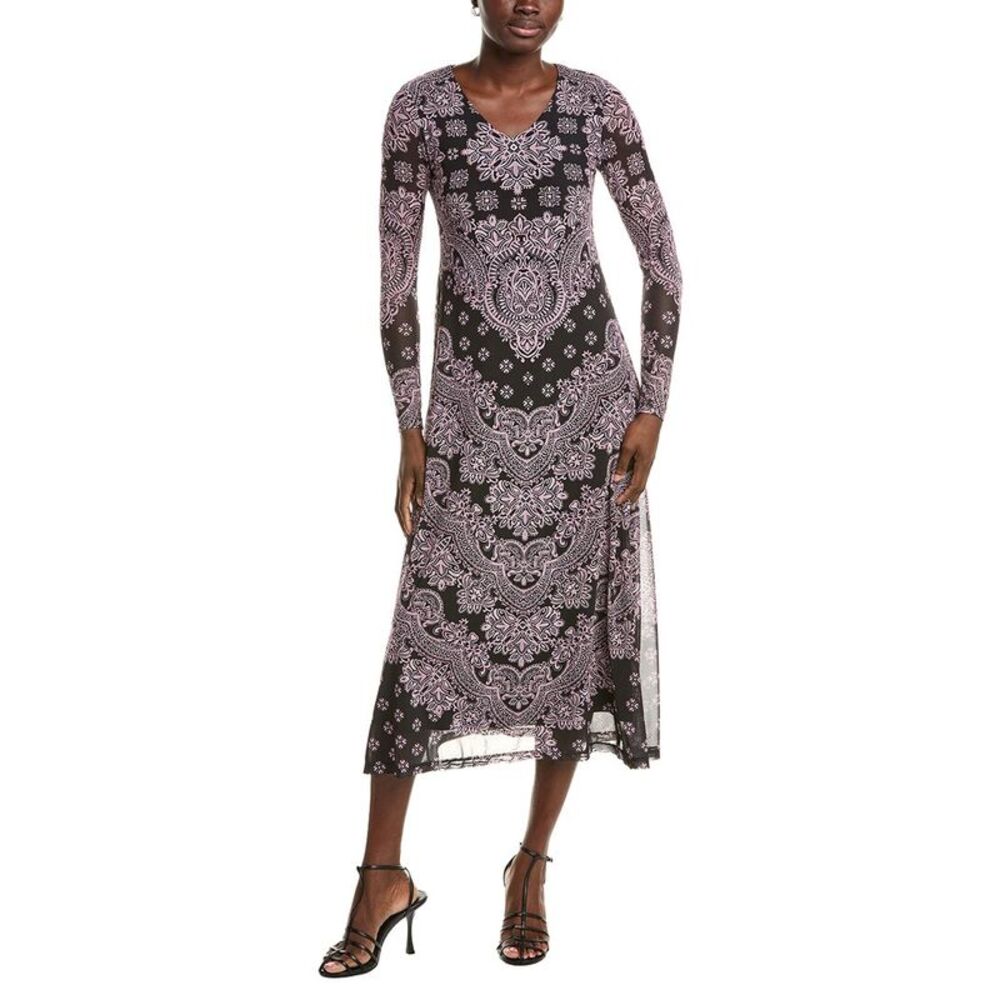 Johnny Was Womens Long Sleeve V Neck Mesh Midi Dress, Black
